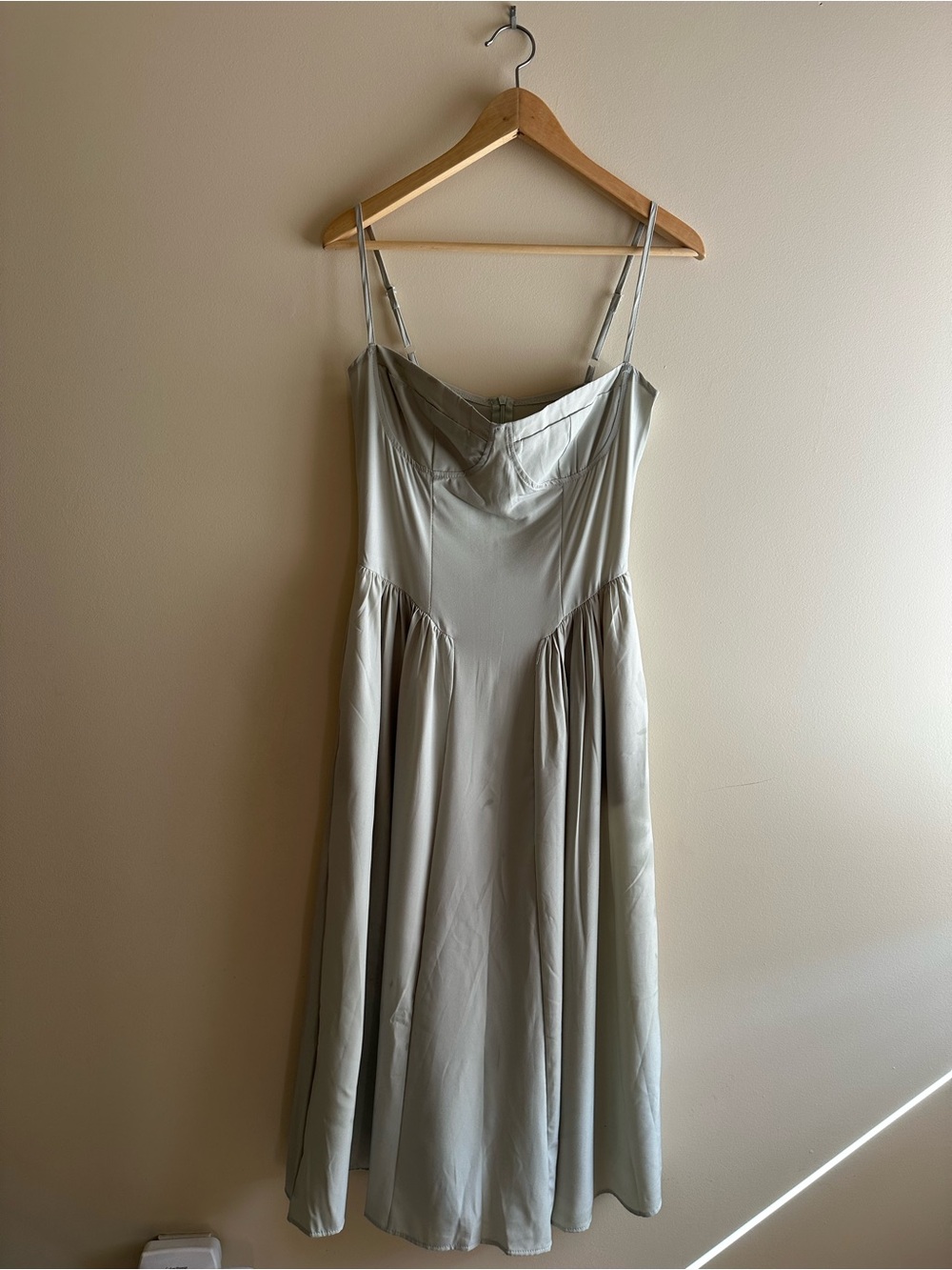Silky Midi Dress in Sage Green with Draped Neckline